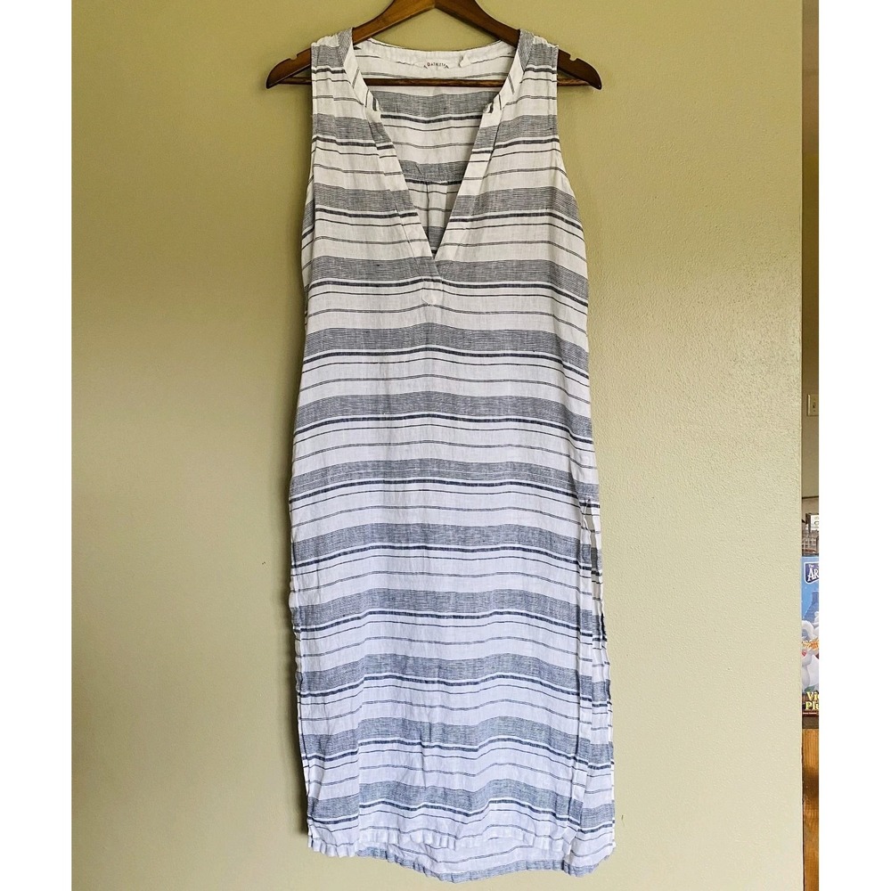 Athleta 100% Linen Stripe Midi Dress Womens XS Navy and Cream Resortwear Beach